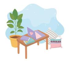 Sweet Home-tafel met laptopboeken, kussens en potplant op de vloer vector