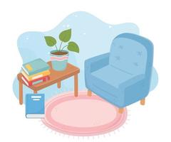 sweet home fauteuil tafel met boeken potplant en tapijt vector