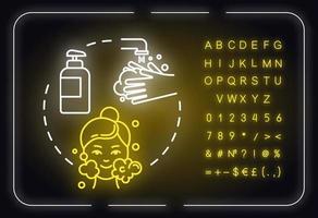 reiniging, poriënzuivering neonlicht concept icoon. gebruik van gezichtshuidreiniger, idee voor hygiënische procedures. buitenste gloeiende bord met alfabet, cijfers en symbolen. vector geïsoleerde rgb-kleurenillustratie