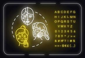 facebuilding, gezichtsmassage neonlicht concept icoon. cosmetologie, anti-aging procedure idee. buitenste gloeiende bord met alfabet, cijfers en symbolen. vector geïsoleerde rgb-kleurenillustratie