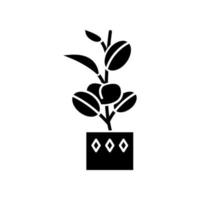 ficus elastica zwart glyph-pictogram. rubberen afb. Indiase boom. kamerplant in pot met ovale bladeren. decoratieve lommerrijke kamerplant. huisdecoratie. silhouet symbool op witte ruimte. vector geïsoleerde illustratie