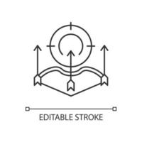 pijl en boog jacht lineaire pictogram. boogschieten. jager zit en besluipt dier. samengestelde boog. dunne lijn aanpasbare illustratie. contour symbool. vector geïsoleerde overzichtstekening. bewerkbare streek