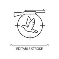 duif schieten lineaire pictogram. wedstrijd vogels schieten. slaapstok en vliegende duivenjacht. dunne lijn aanpasbare illustratie. contour symbool. vector geïsoleerde overzichtstekening. bewerkbare streek