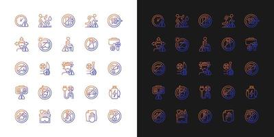 vr-headset gradiënt handmatige labelpictogrammen ingesteld voor donkere en lichte modus. dunne lijn contour symbolen bundel. geïsoleerde vectoroverzichtsillustratiesinzameling op zwart-wit voor instructies voor productgebruik vector