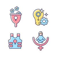 moderne feminisme rgb kleur iconen set. het welzijn van vrouwen ondersteunen. vrouwelijk potentieel vervullen. veiligheid bevorderen. empowerment van vrouwen. geïsoleerde vectorillustraties. verzameling eenvoudige gevulde lijntekeningen vector