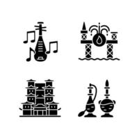 cultuur van singapore zwarte glyph pictogrammen instellen op witruimte. pipa muziekinstrument. boren op zee. tand relikwie tempel. vintage parfumflesjes. silhouet symbolen. vector geïsoleerde illustratie