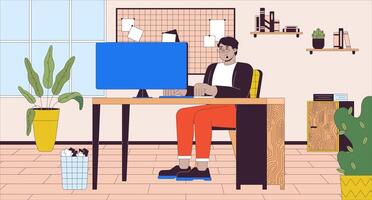 Arabisch Mens met zwaarlijvigheid werken in kantoor tekenfilm vlak illustratie. plus formaat midden- oostelijk mannetje Bij computer 2d lijn karakter kleurrijk achtergrond. werkplaats tafereel verhaal vertellen beeld vector