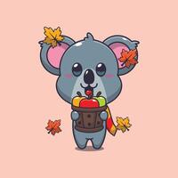 schattig koala Holding een appel in hout emmer. mascotte tekenfilm illustratie geschikt voor poster, brochure, web, mascotte, sticker, logo en icoon. vector