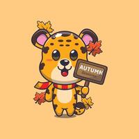 schattig luipaard met herfst teken bord. mascotte tekenfilm illustratie geschikt voor poster, brochure, web, mascotte, sticker, logo en icoon. vector