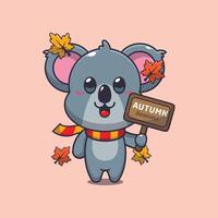 schattig koala met herfst teken bord. mascotte tekenfilm illustratie geschikt voor poster, brochure, web, mascotte, sticker, logo en icoon. vector