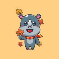 schattig neushoorn Holding herfst blad. mascotte tekenfilm illustratie geschikt voor poster, brochure, web, mascotte, sticker, logo en icoon. vector