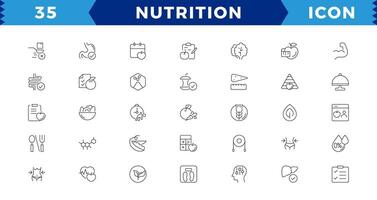 voeding en gezond aan het eten icoon pak. verzameling van dun lijn pictogrammen dat ondersteuning digitaal navigatievoeding en gezond aan het eten icoon pak.gezond voedsel . vector