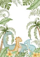 waterverf kader met dinosaurussen. illustratie met dino en palm bladeren voor baby douche groet kaarten of verjaardag uitnodigingen. sjabloon voor kinderachtig kinderkamer posters met schattig dieren. grens voor kinderen vector