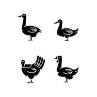 watervogels zwarte glyph pictogrammen instellen op witruimte. eenden en ganzen fokken. kalkoen groeit. veeteelt. commerciële pluimveehouderij. silhouet symbolen. vector geïsoleerde illustratie