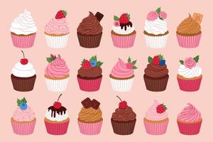 reeks van divers cupcakes met bessen, chocola, koekjes, hagelslag, bloemen. grafiek. vector