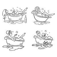 schets illustratie reeks van jong Dames aan het liegen in een ontspannende bad. illustratie vector