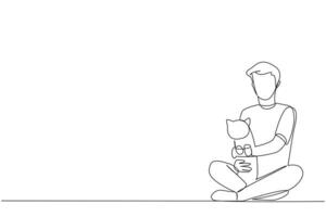 single een lijn tekening van jong energiek Mens zittend met gekruiste benen knuffelen een weinig kat. liefhebbend haar huisdier kat is Leuk vinden liefhebbend andere familie leden. dier liefhebbers. doorlopend lijn grafisch illustratie vector