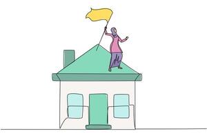 single doorlopend lijn tekening van Arabisch bedrijf vrouw staand Aan miniatuur huis verhogen vlag. ondernemers wie zijn geslaagd in huis eigendom verdienen een prijs voor haar bedrijf. een lijn vector