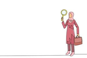 single een lijn tekening Arabisch zakenvrouw houdt de vergrootglas in haar Rechtsaf hand- terwijl in links hand- houdt een aktentas. zakenvrouw wie aanbod samenwerking voorstellen. doorlopend lijn ontwerp grafisch vector