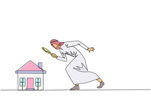 single doorlopend lijn tekening van Arabisch zakenman Holding vergroten glas op zoek Bij miniatuur huis. krijgen klaar naar maken passief inkomen na viewing een huis. een lijn ontwerp illustratie vector