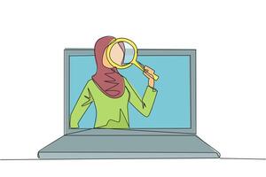 doorlopend een lijn tekening Arabisch zakenvrouw kwam uit van laptop scherm Holding de vergrootglas. vinden online netwerken naar ondersteunen haar bedrijf. relatie. single lijn trek illustratie vector