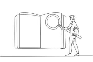 single doorlopend lijn tekening van zakenman stond Holding de vergrootglas en gecontroleerd de Open boek. op zoek voor Geldig informatie en gegevens zo dat de bedrijf groeit. een lijn illustratie vector