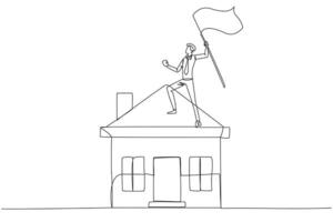 doorlopend een lijn tekening van jong zakenman staand Aan miniatuur huis verhogen vlag. ondernemers wie zijn geslaagd in huis eigendom verdienen een prijs voor zijn bedrijf. single lijn trek vector