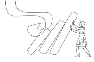 single doorlopend lijn tekening Arabisch zakenvrouw houdt terug stapel van muren ingestort rekeningen. weerstaan aanval van rekeningen dat accumuleren door Holding terug onnodig bedrijf uitgaven. een lijn vector
