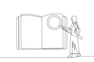 doorlopend een lijn tekening Arabisch zakenvrouw stond Holding de vergrootglas en gecontroleerd groot Open boek. op zoek voor Geldig informatie en gegevens zo dat de bedrijf groeit. single lijn trek ontwerp vector