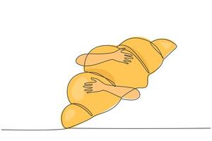 single een lijn tekening van handen knuffelen croissant. voedsel in de het formulier van zacht brood in de vorm van een halve maan maan. deze tussendoortje is synoniem met Frankrijk. doorlopend lijn ontwerp grafisch illustratie vector