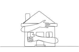 doorlopend een lijn tekening van handen knuffelen miniatuur huis. concept van maken huis net zo onderpand als de bedrijf mislukt. houden betalen hypotheek zo dat huis niet afgeschermd. single lijn trek vector