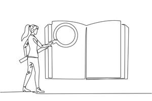 single doorlopend lijn tekening zakenvrouw stond Holding vergrootglas en gecontroleerd de Open boek. op zoek voor Geldig informatie en gegevens zo dat de bedrijf groeit. een lijn ontwerp illustratie vector