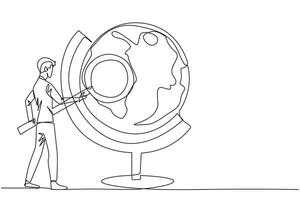 single doorlopend lijn tekening jong zakenman stond Holding de vergrootglas en geïnspecteerd de wereldbol. kaart uit mooi zo gebied naar creëren en ontwikkelen nieuw ondernemingen. een lijn ontwerp illustratie vector