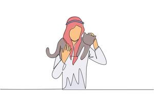 single doorlopend lijn tekening van jong energiek Arabisch Mens draag- kat Aan zijn schouders. gelukkig Mens knuffelen zijn geliefde huisdier Aan zijn schouders. dier liefhebbers. een lijn ontwerp illustratie vector