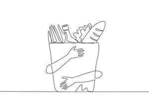 single een lijn tekening van handen knuffelen kruidenier papier tas. op papier Tassen dat zijn algemeen gebruikt wanneer boodschappen doen voor dagelijks behoeften. milieuvriendelijk materiaal. doorlopend lijn ontwerp grafisch illustratie vector