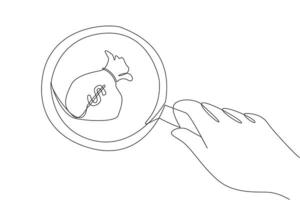 doorlopend een lijn tekening van groot hand- Holding vergroten glas highlights geld tas. focus Aan bedrijf doelen naar worden bereikt. een aantal van geld Tassen zullen komen. single lijn ontwerp illustratie vector