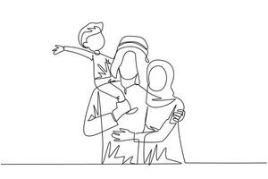 single een lijn tekening van jong Arabisch vrouw knuffel haar knap man wie is Holding hun weinig schattig zoon. glimlachen paar met kind. gelukkig familie concept. doorlopend lijn ontwerp illustratie vector