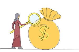 single doorlopend lijn tekening Arabisch zakenvrouw stond controle uit reusachtig geld zak met vergrootglas. een personen succes hangt ervan af Aan de aantal van geld Tassen verzameld. een lijn illustratie vector
