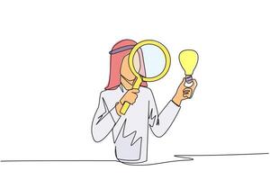 doorlopend een lijn tekening Arabisch zakenman inspecteert gloeilamp hij houdt met een vergrootglas. analyseren bestaande ideeën en selecteer hen voor nieuw bedrijf behoeften. single lijn trek ontwerp illustratie vector