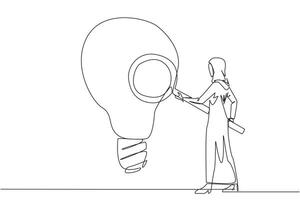 single een lijn tekening Arabisch zakenvrouw stond Holding vergrootglas en geïnspecteerd groot gloeilamp. zakenvrouw zijn op zoek voor nieuw ideeën, vers ideeën en innovatie. doorlopend lijn ontwerp grafisch vector