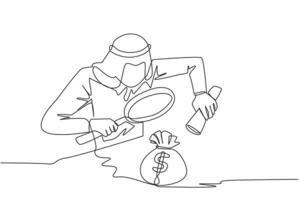 single een lijn tekening van Arabisch zakenman houdt een vergrootglas en zaklamp, vervolgens cheques de geld tas. onderzoeken geld zak eigendom. stijl Leuk vinden detective. doorlopend lijn grafisch illustratie vector