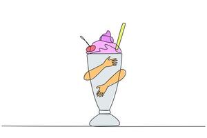 single doorlopend lijn tekening menselijk handen knuffelen milkshake. drankjes gemaakt van vers melk of vers vloeistof melk gemengd met ijs room. chocola is favoriete smaak. een lijn ontwerp illustratie vector