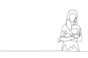 single doorlopend lijn tekening van jong mooi vrouw Holding een knuffelen grappig kat in voorkant van haar borst. gelukkig vrouw Holding aanbiddelijk huisdier katje. dier liefhebbers. een lijn ontwerp illustratie vector