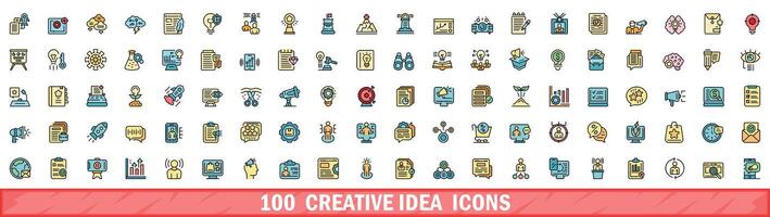 100 creatief idee pictogrammen set, kleur lijn stijl vector