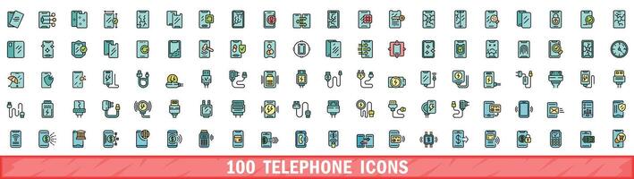 100 telefoon pictogrammen set, kleur lijn stijl vector