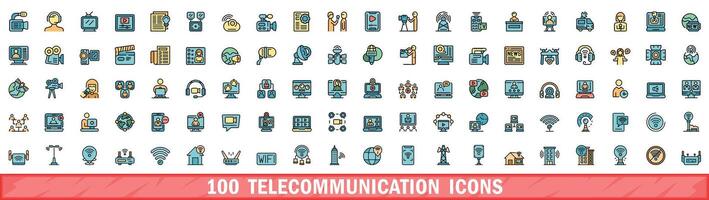 100 telecommunicatieverbinding pictogrammen set, kleur lijn stijl vector