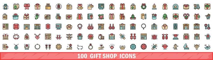 100 geschenk winkel pictogrammen set, kleur lijn stijl vector