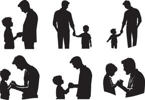 silhouet van een Mens Holding een kind hand- set. gelukkig vader dag symbool. illustratie van papa en kind. vader met zijn zoon Aan wit achtergrond. vector