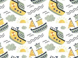 naadloos patroon van schepen, speedboot. tekening stijl kinderachtig schip. marinier vervoer clip art. verzameling van schattig schepen. vector