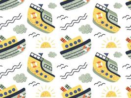 naadloos patroon van schepen, speedboot, jacht. tekening stijl kinderachtig schip. marinier vervoer clip art. verzameling van schepen. vector